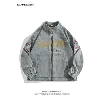 BOYUE帛躍刺繡賽車服貼標牛仔外套男女同款高街潮流情侶工裝夾克