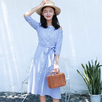 連身裙一字領上衣-中長款時尚條紋優雅女連衣裙2款73rx3【獨家進口】【米蘭精品】