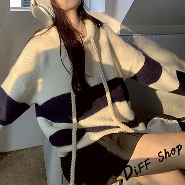 韓版寬鬆條紋連帽毛衣【W645】