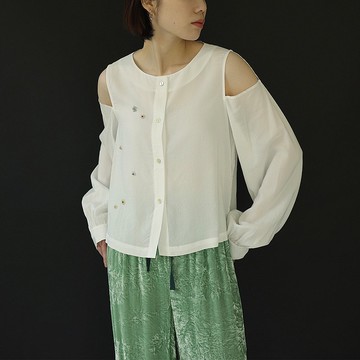 手工釘珠漏肩短上衣 真絲圓領長袖純色