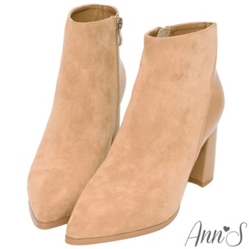 Ann’S俐落節奏-異材質拼接高跟尖頭短靴7.5cm-杏(版型偏小)