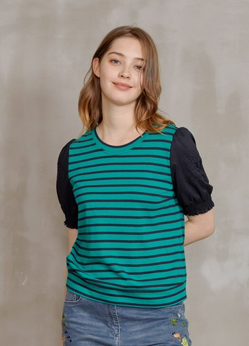 午後伴遊條紋針織拼接袖上衣