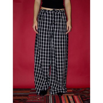 April20th 黑色格子闊腿褲女2025新款春秋款高腰直筒褲拖地褲長褲