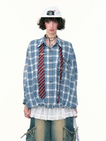 ziziFei秋冬新款美式復古設計感上衣藍白格紋兜兜下擺長袖襯衫女
