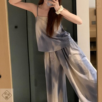 可可裡🎇夏季新款中式帶胸墊吊帶睡衣女夏天高級感水墨長褲套裝家居服