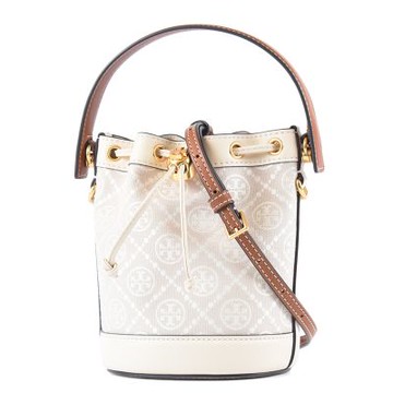 TORY BURCH 專櫃款 緹花LOGO織布拚皮革手提/斜背二用水桶包-白色/迷你款