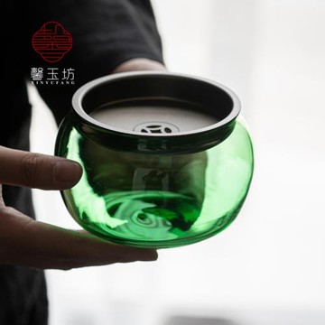 馨玉坊日式玻璃建水小茶洗合金蓋壺承水盂干泡臺茶渣桶廢水缸家用