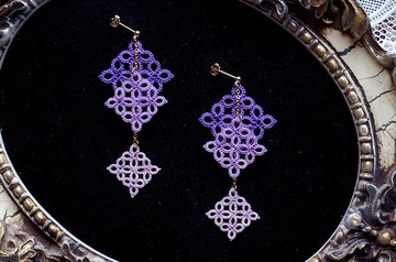 Tatting蕾絲三色方形耳環・紫