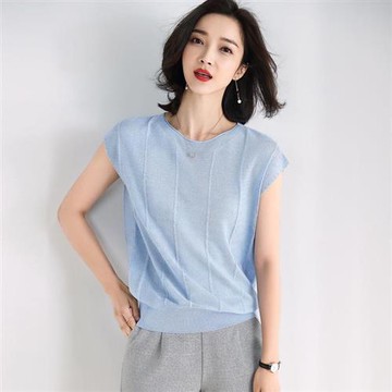 【米蘭精品】針織衫短袖T恤-亮絲圓領豎紋蝙蝠袖女上衣4色73xi10