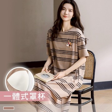 Pink Lady 純棉 罩杯式 條紋貓貓 短袖睡裙 棉柔 春夏 圓領 印花 柔感 女睡衣 居家服 55116