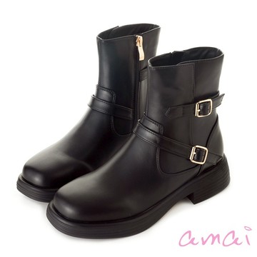 amai 率性時尚雙扣帶輕量粗跟短靴 短靴 短筒靴 工靴 粗跟 中跟 百搭 帥氣 英倫風 大尺碼 黑色 GB514BK