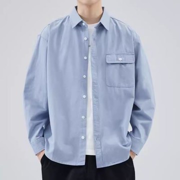 日系潮牌純色文藝范長袖襯衣男春秋季高級感簡約帥氣工裝襯衫外套