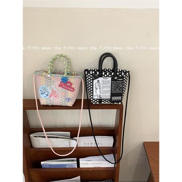 thefifthmoon可愛甜酷風刺繡布標少女心迷你編織籃斜挎手提籃