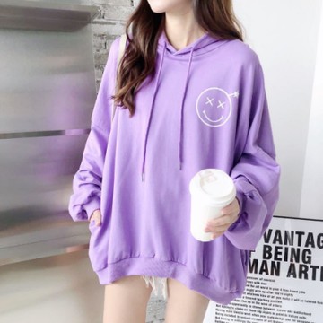 La Belleza笑臉圖案背後大笑臉印花連帽抽繩大落肩寬鬆衛衣棉料帽T