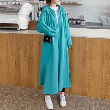 2025春秋季休閑超長款連帽衛衣外套女過膝寬松大碼胖mm拉鏈開衫潮