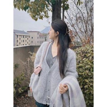 趙露思同款春秋長毛水貂絨毛衣開衫灰色外套女加厚中長慵懶風寬松