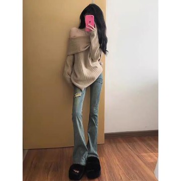 法式慵懶風軟糯內搭一字肩毛衣女秋冬季2025新爆款寬松中長款上衣