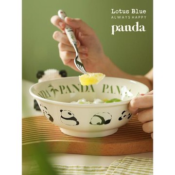 藍蓮花陶瓷面碗個人專用兒童家用新款高顏值碗具熊貓餐具湯碗飯碗