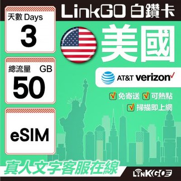LinkGO白鑽卡 美國 eSIM卡 3天上網卡 總流量50GB 高速流量(美國網卡 舊金山 洛杉磯 紐約 西雅圖)