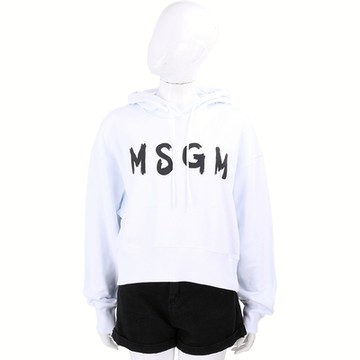 MSGM 斑駁字母白色棉質連帽長袖運動衫 大學T(女款)