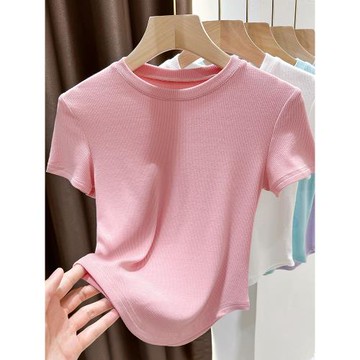 奶甜粉色短袖t恤女夏設計感甜辣內搭高腰短款冰絲針織打底上衣薄