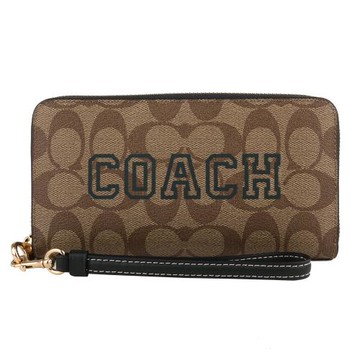 COACH - 綠標CAOCH字母防刮皮革拉鍊掛帶長夾(卡其x綠)
