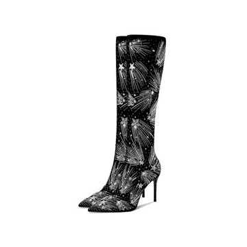 HOOV 小眾水鉆靴子女長靴2025秋冬新款尖頭高跟女靴子細跟長筒靴