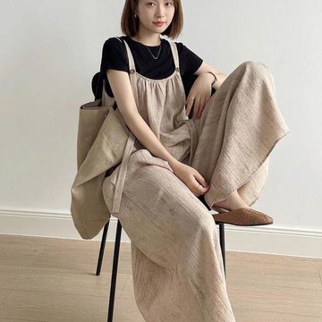 【10衣綾】日系清新棉麻背帶闊腿褲(棉麻褲/休閒長褲/吊帶褲/M-2XL/KDPY-6600)