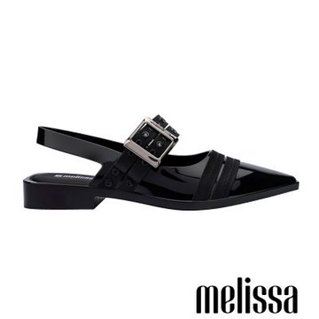 Melissa-尖頭雙排釦方跟平底鞋-黑色