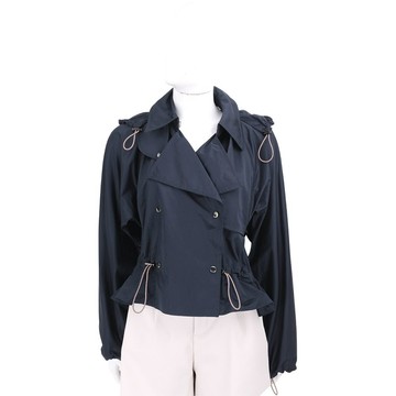 BURBERRY 巴寶莉 輕盈緞面感抽繩腰部短版風衣連帽外套(女款/海軍藍)
