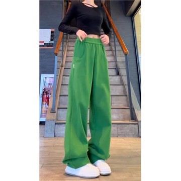 加厚加絨綠色松緊腰香蕉衛褲秋冬2025新款高腰顯瘦闊腿休閑褲子女