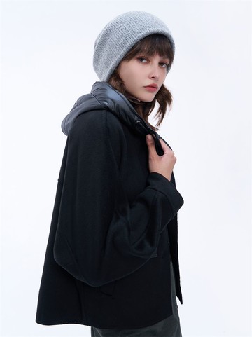 人氣追加 | 短版混紡雙面毛呢可拆鋪棉帽外套-黑