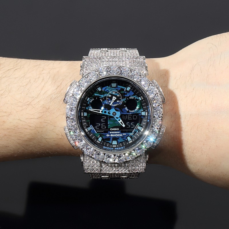 G-SHOCK カスタム GA100 フルカスタム Gショック ブルーカモフラ 大粒CZダイヤベゼル（キュービックジルコニア）ホワイトゴールド |  LINEショッピング