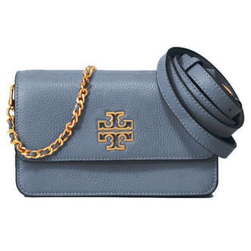 【TORY BURCH】雙T LOGO翻蓋皮革斜背鍊包-藍