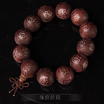 古玩手鏈復古文玩男女飾品實木12粒仿古佛珠鑲銀絲紅檀木蓮花手串