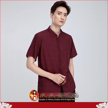中國風男裝短袖唐裝上衣優質純色復古棉麻包扣精繡中式漢服男青年時尚必備襯衫｜淺笑 紅色｜水水女人國