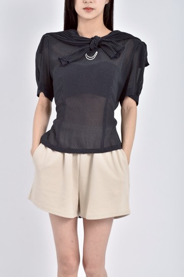 (S) 紡紗短袖點點藍色襯衫上衣