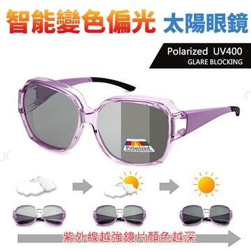 時尚韓版ins大框變色偏光墨鏡/套鏡 紫框 男女適用 Polarized墨鏡 超輕量無感 抗UV 防滑防眩光
