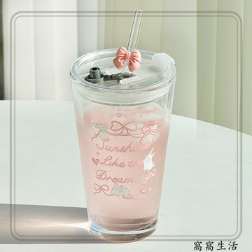INS少女風玻璃吸管杯 字母玻璃吸管杯 咖啡杯 可愛蝴蝶結冷飲杯 果汁杯 奶茶杯 高顏值透明水杯 450ml玻璃杯