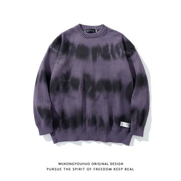 ins歐美嘻哈復古扎染噴繪套頭毛衣男潮牌嘻哈bf慵懶風情侶針織衫