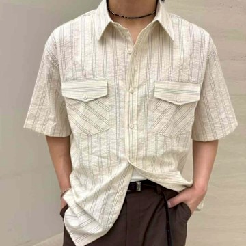 正韓男裝 條紋短袖襯衫ONP1037-創翊韓都