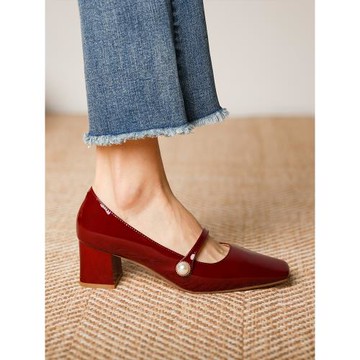 清倉 方頭酒紅色單鞋女2025年春季新款高跟鞋設計感婚鞋伴娘鞋