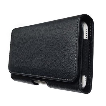 黑色荔枝紋中老年橫款翻蓋單層穿皮帶掛腰套手機包腰套褲帶腰包男