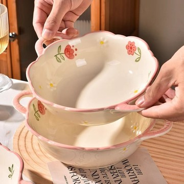 🔥臺灣出貨🔥鬱金香少女陶瓷家用可愛餐具沙拉大容量飯碗湯碗泡麵碗雙耳高顔值
