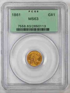 アンティークコイン 1861 GOLD DOLLAR G $ 1 INDIAN PRINCESS PCGS MS