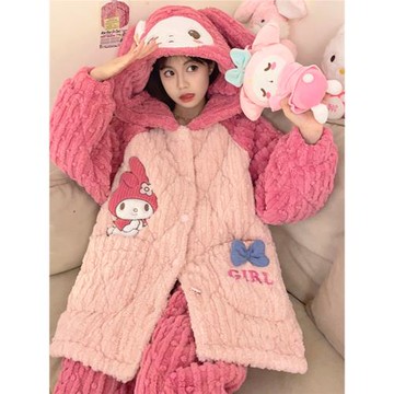 加厚加絨睡衣女冬款珊瑚絨冬季三層夾棉法蘭絨可愛冬天家居服套裝