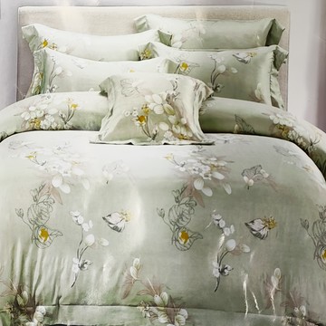 台灣製 萊賽爾 薄床包枕套組 加高35cm 雙人 床包 + 枕套  葉舞飛揚 淺綠色