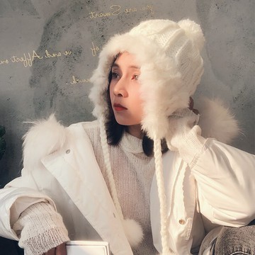 小紅帽親子護耳毛線帽兔毛邊球球麻花毛線帽防風保暖兒童帽母女帽1入