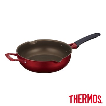 THERMOS膳魔師厚鑄耐摩不沾鍋單柄附耳深煎鍋26cm(KFJ-026W-R)
