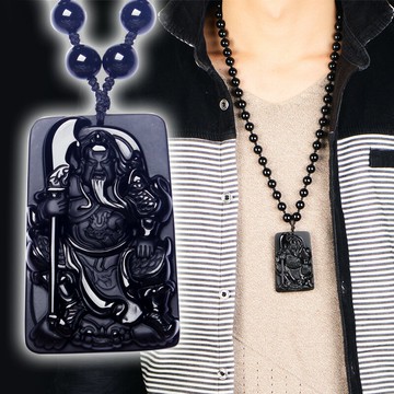 天然黑曜石本命佛吊墜關公項鏈男 圓珠鏈配飾毛衣鏈長款百搭飾品